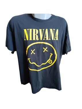 Nirvana Band XXL T-shirt Black Yellow Smiley Classic Graphic Design Faded Crack